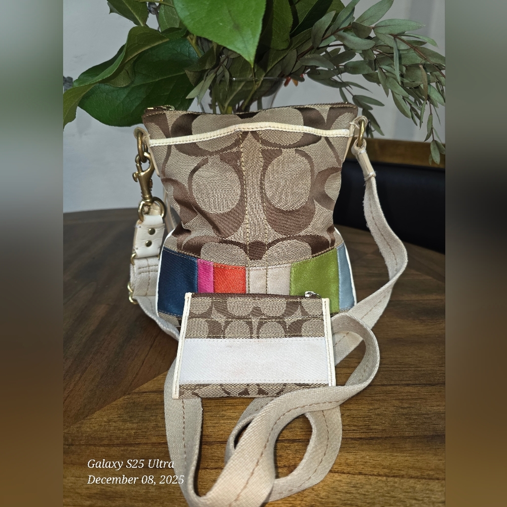 Coach Signature Brown and Multicolor Crossbody Bag With Mini Wallet.